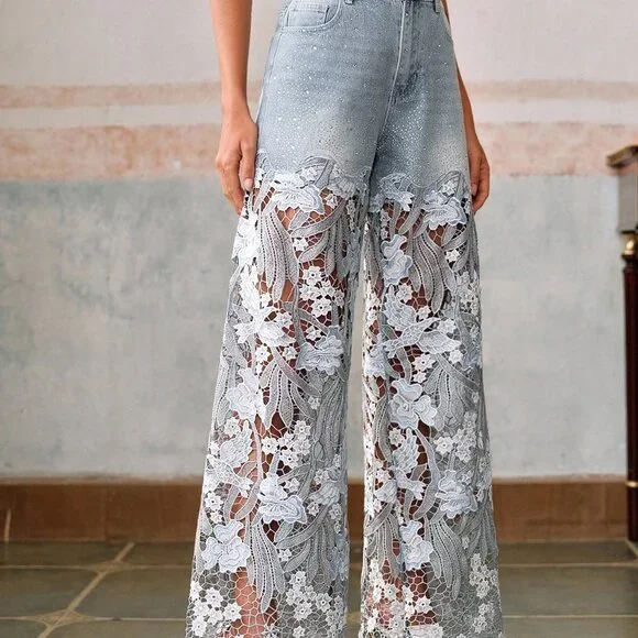 Blue Boho Women's Lace Rhinestone Straight Leg Pants - Picture 6 of 7